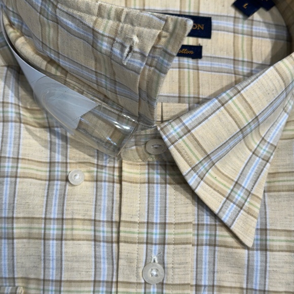 New Henry Jacobson, size Large, 100% cotton tan plaid woven sport shirt - Picture 3 of 5